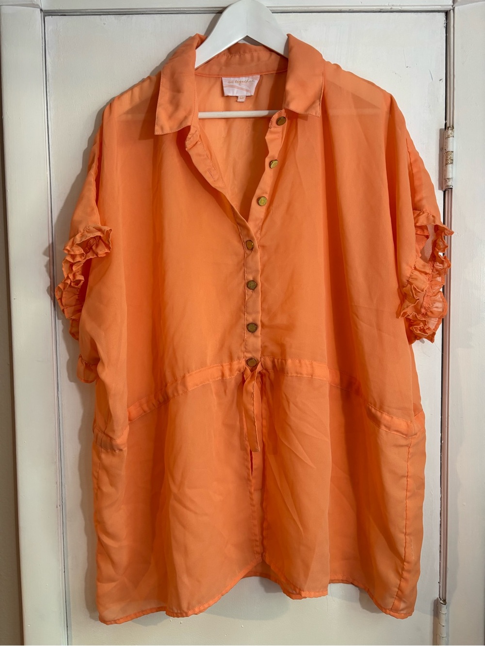 Us Together Lightweight Coral/Orange Button-Front Tunic with Ruffle Sleeves
